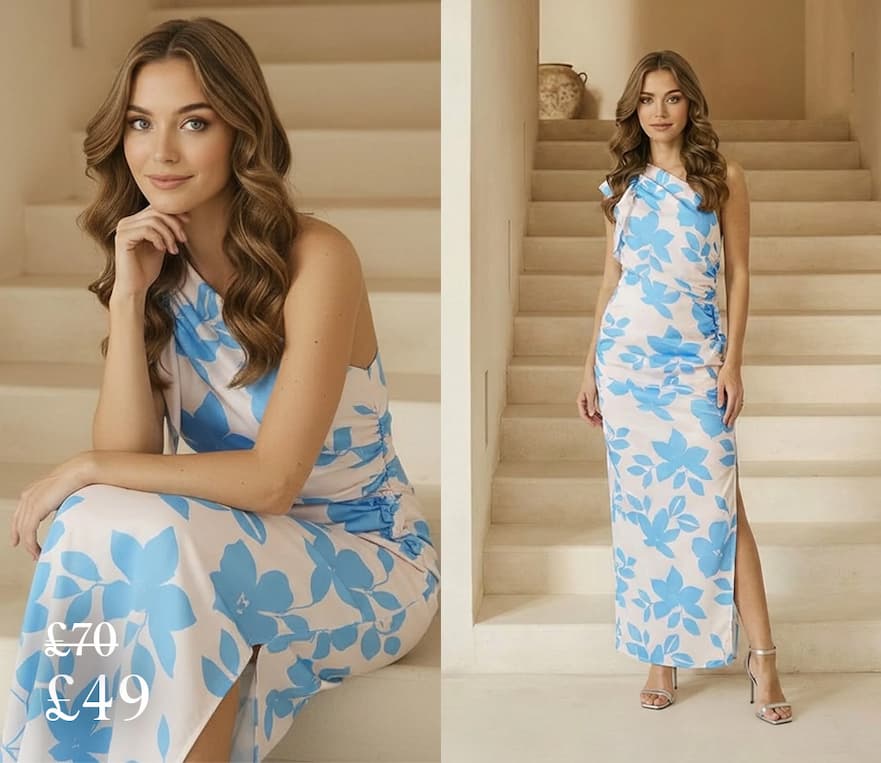 One Shoulder Gathered Floral Maxi Dress in Blue
