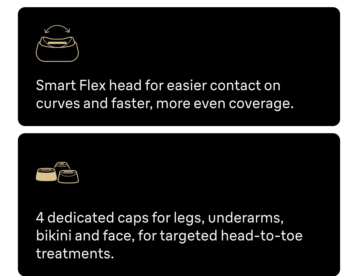 Smart Flex head for easier contact on curves and faster, more even coverage. 4 dedicated caps for legs, underarms, bikini and face, for targeted head-to-toe treatments.