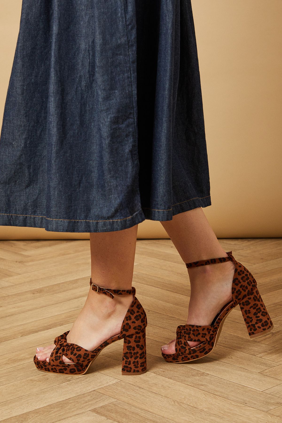Narina Leopard Faux Suede Knotted Platform High Block Heel Sandals