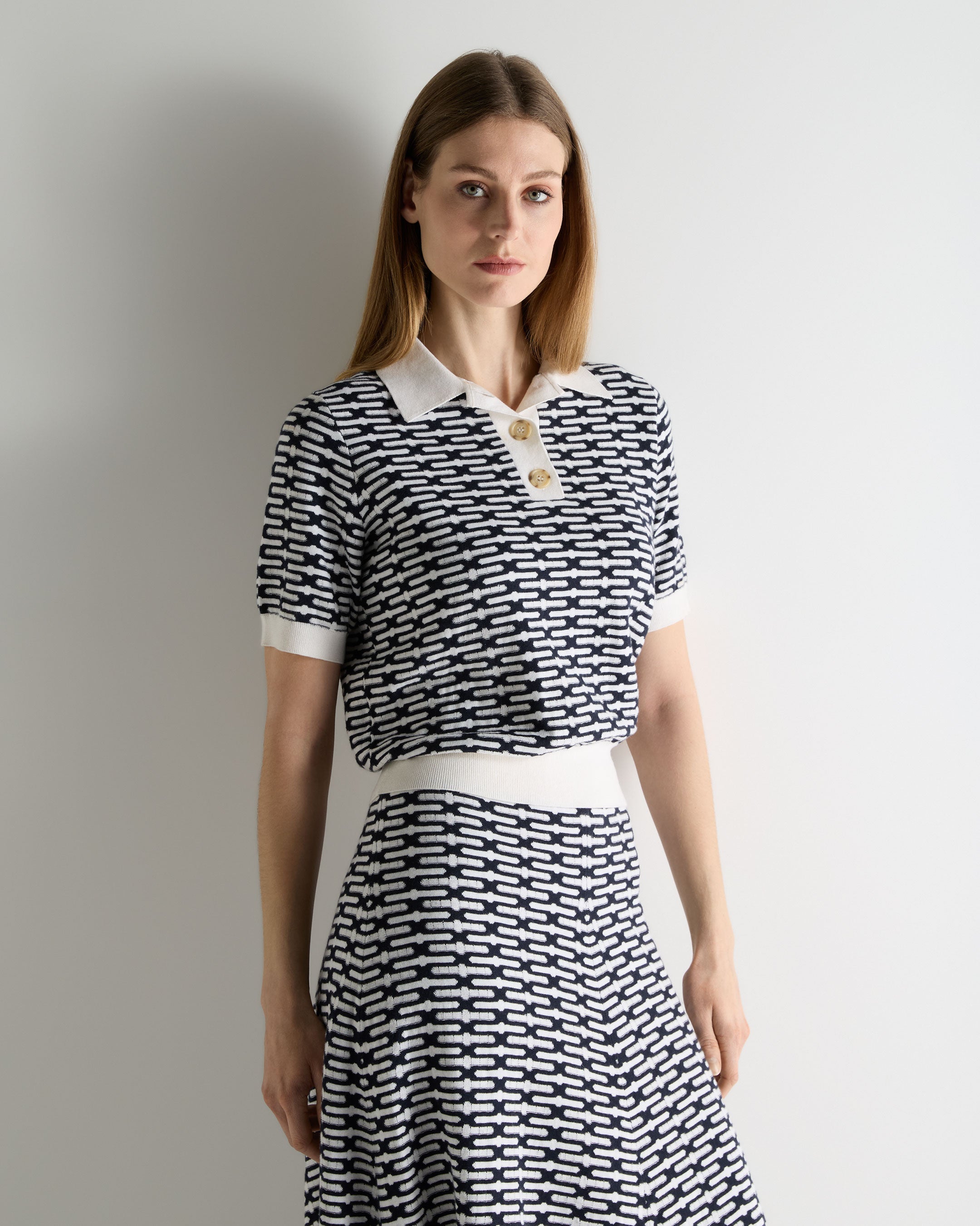Image of Women's Harlow Jacquard Cotton Cashmere Polo Navy Blue