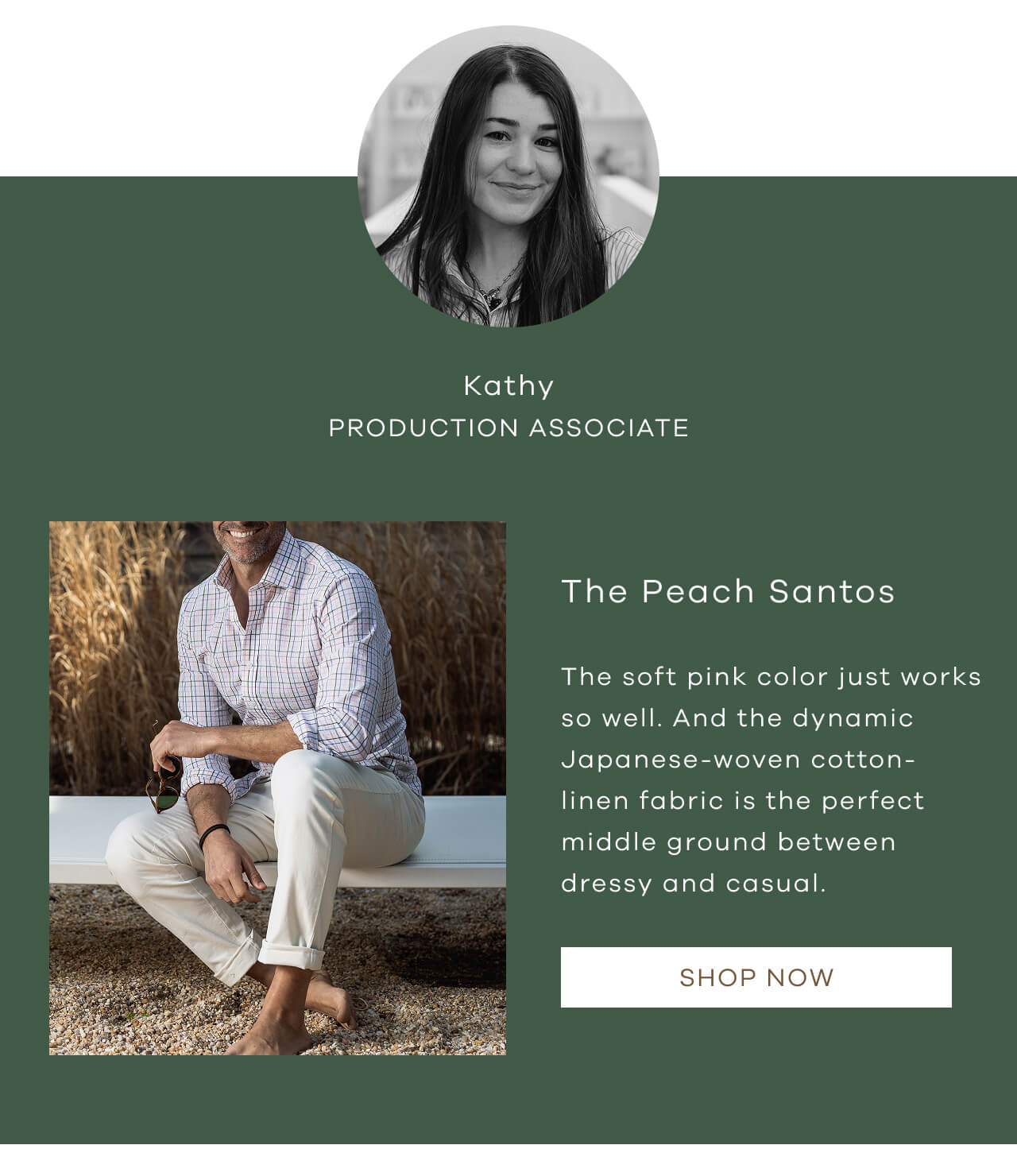 Kathy Production Associate | The Peach Santos | The Soft Pink Color Just Works So Well. And The Dynamic Japanese-Woven Cotton-Linen Fabric Is The Perfect Middle Ground Between Dressy and Casual. [Shop Now]