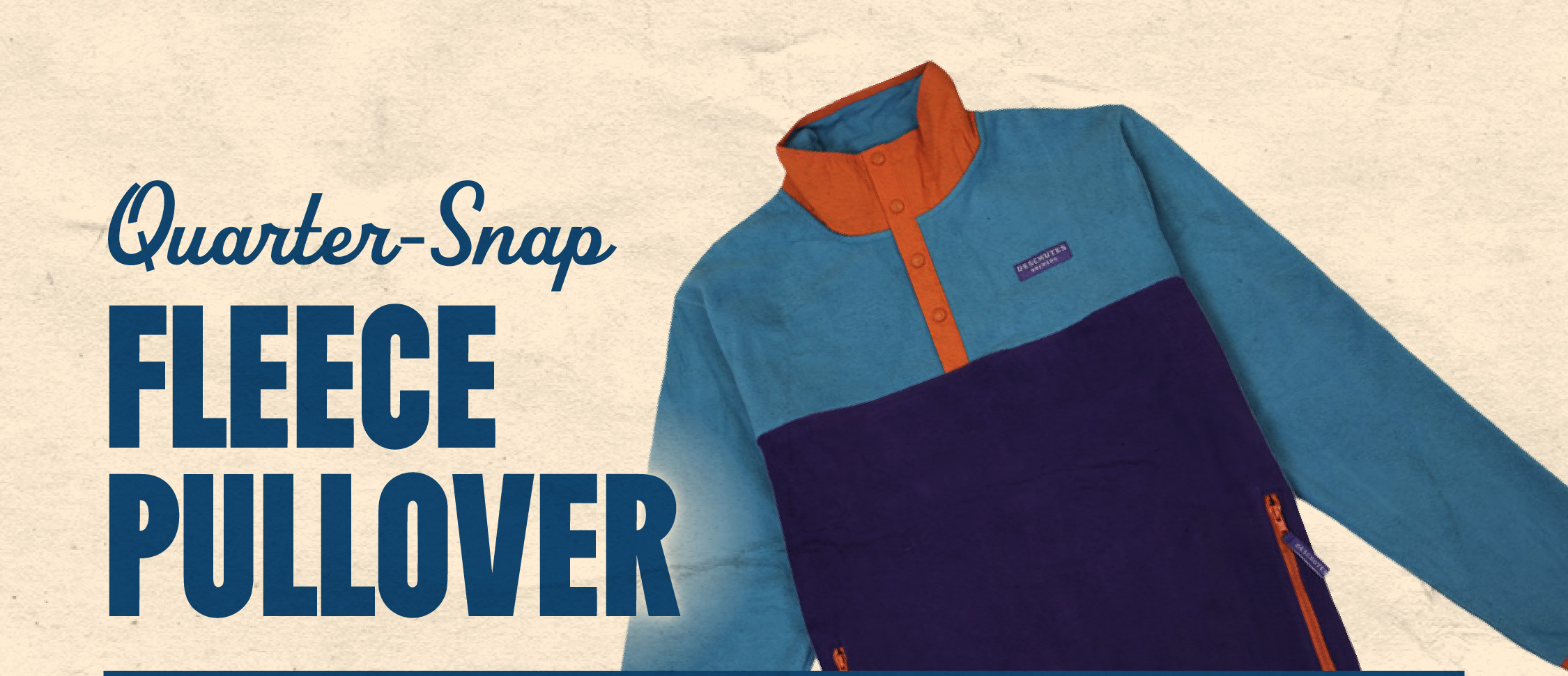 a blue fleece jacket with an orange collar and the words quarter snap fleece