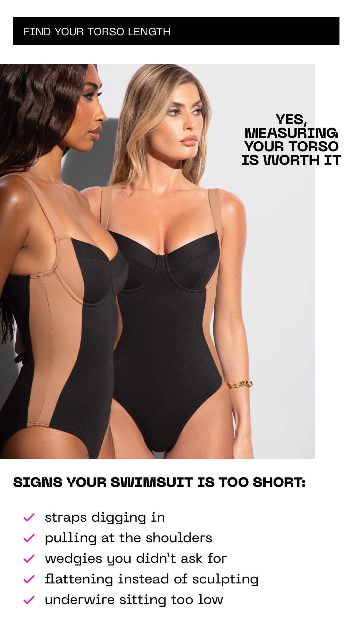 Swimsuit fitting guide with torso measurement tips and signs of a too-short swimsuit.