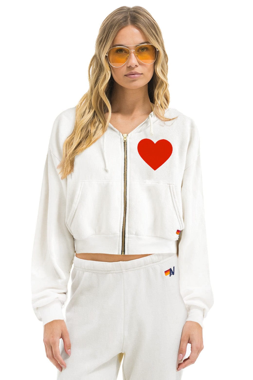 Image of HEART STITCH RELAXED CROP ZIP HOODIE - WHITE