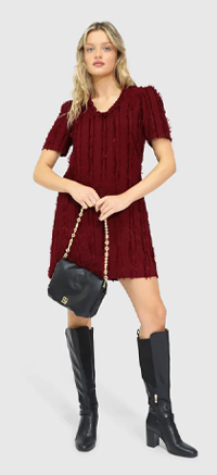 Solana Boho Fringe Shift Mini Dress - Burgundy