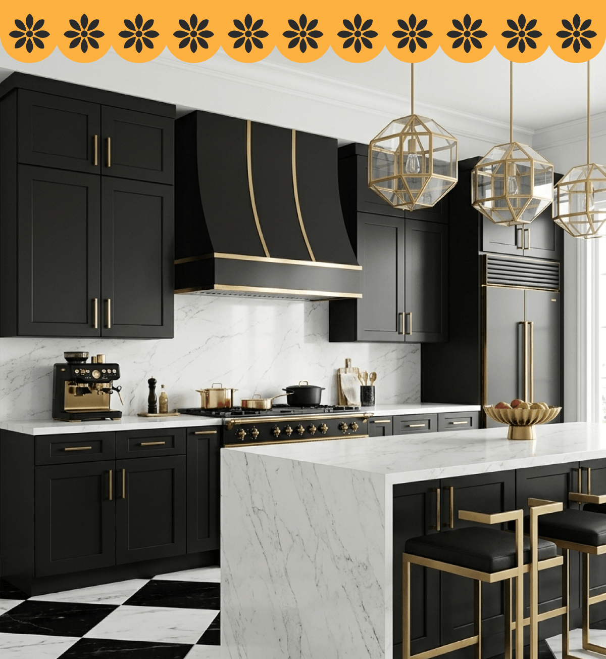 Black and gold modern kitchen design.