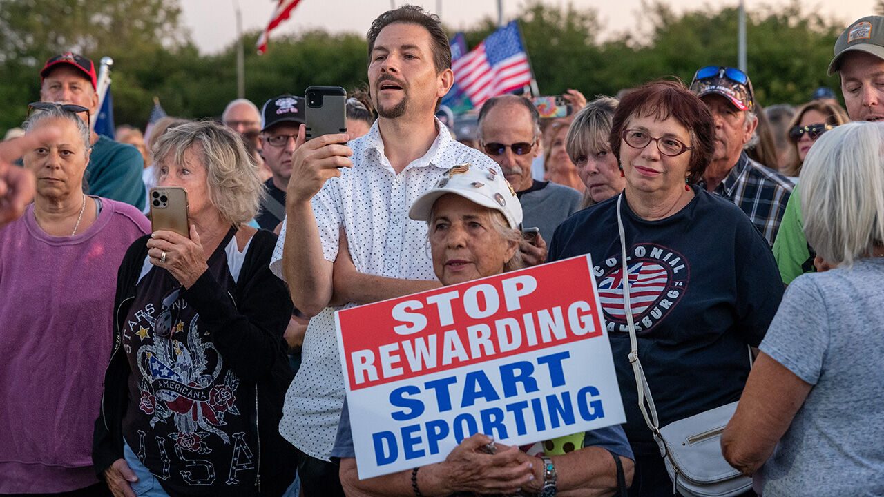 Residents attend a rally against the housing of migrants at Floyd Bennett Field in Brooklyn, New York City, United States on September 14th 2023