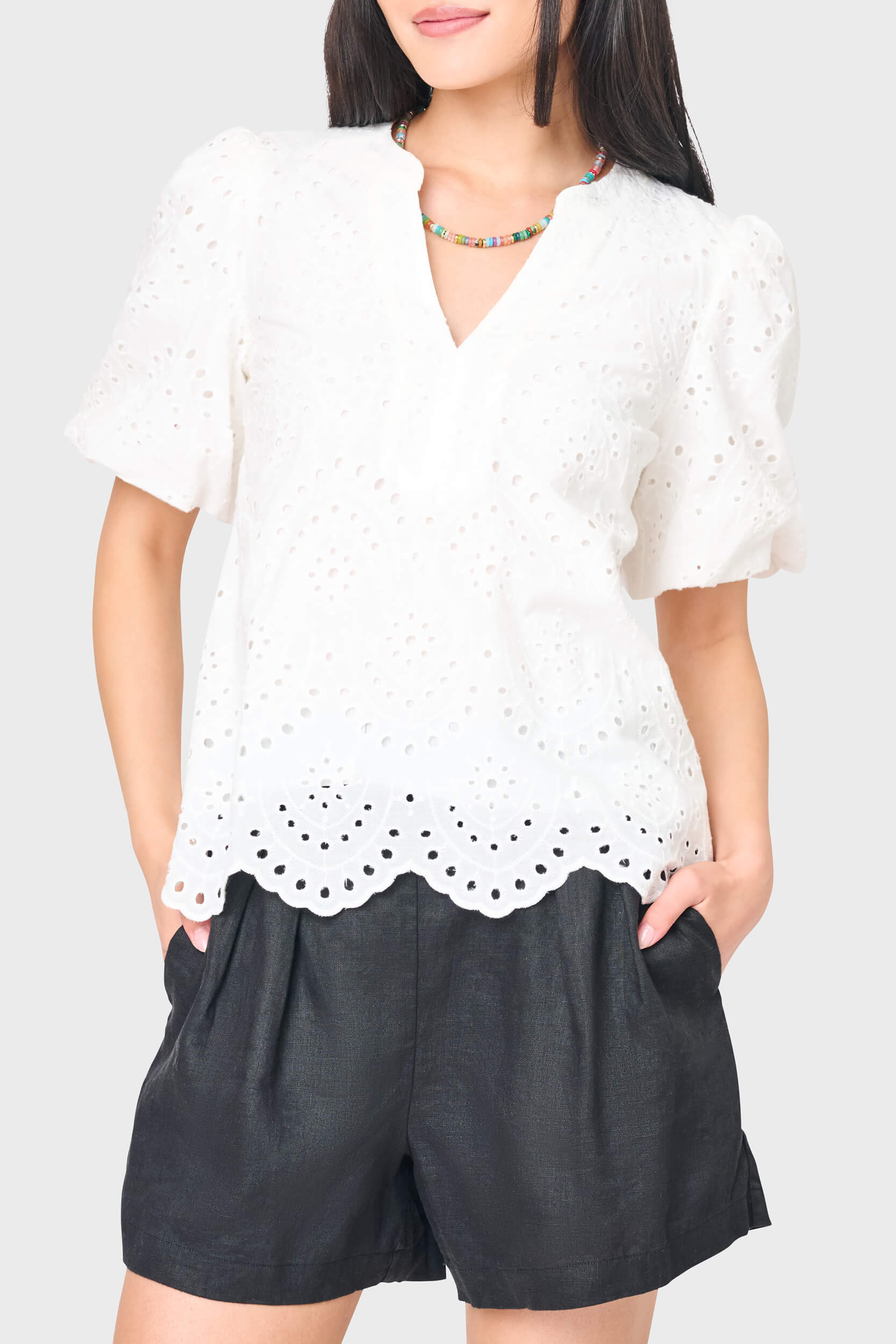 Image of Bubble Sleeve Split Neck Eyelet Top