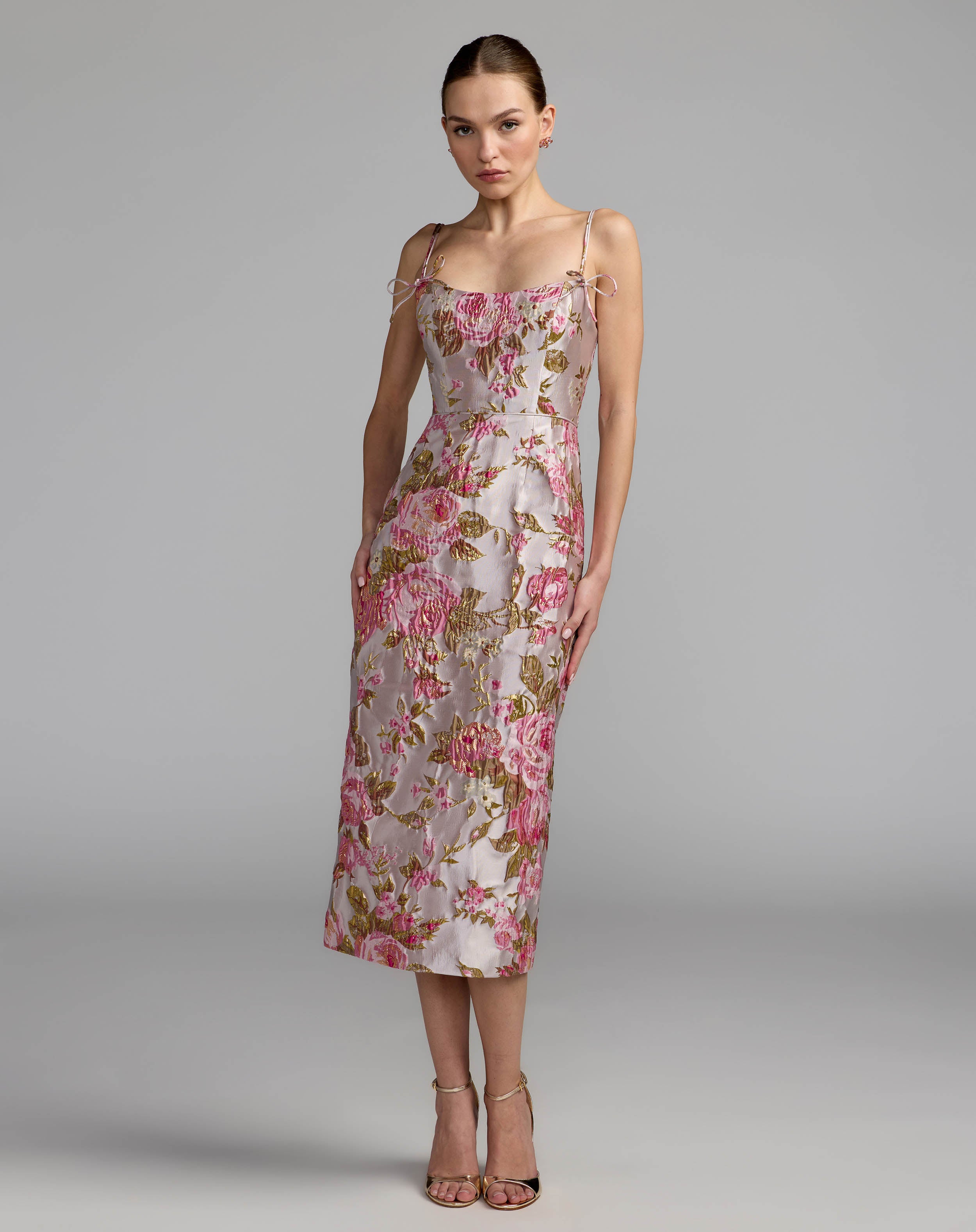 Image of Light Pink Floral Brocade Bow Strap Midi Dress