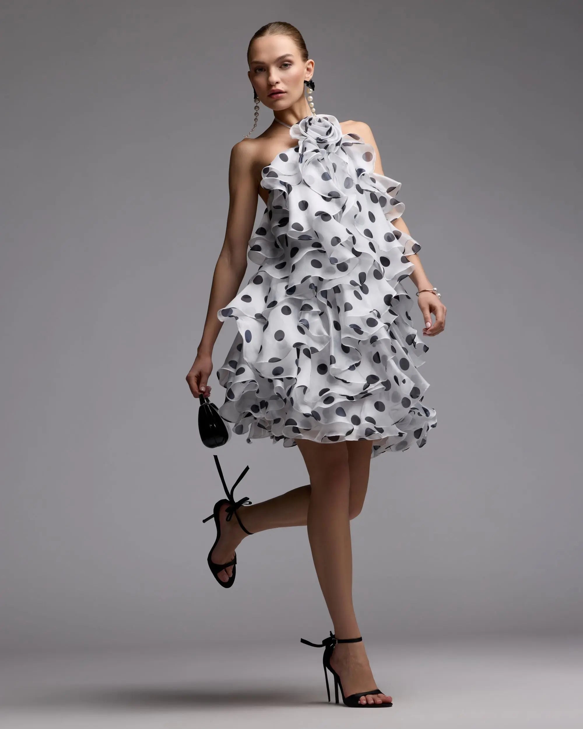 Image of White Polka Dot Halter Neck Ruffle Mini Dress