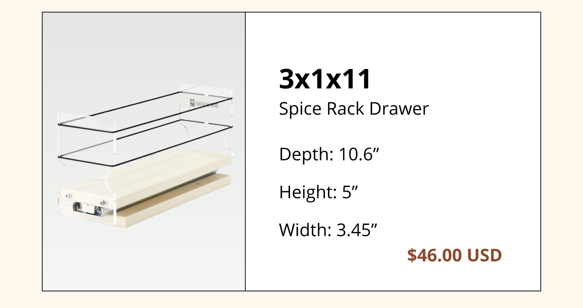 product card for 3x1x11 spice rack drawer showing a single-tier pull-out spice organizer with dimensions 10.6 inch depth, 5 inch height, 3.45 inch width, priced at $46.00 usd