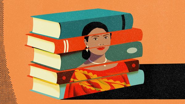 Illustration of a stack of books with the spines lined up to make up a portrait of an Indian woman