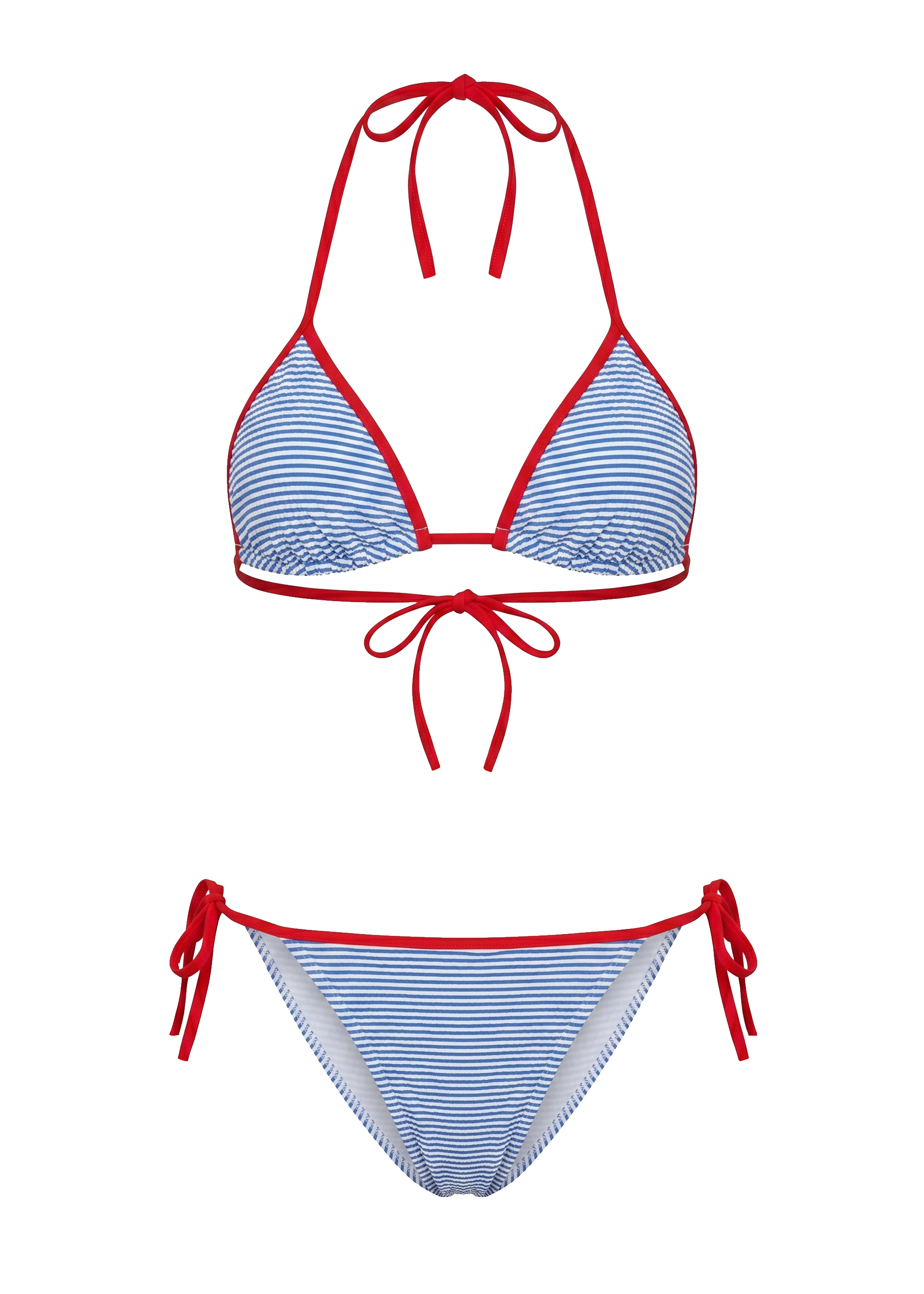 Blue and white striped bikini with red trim