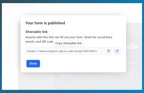Screenshot showing form is published