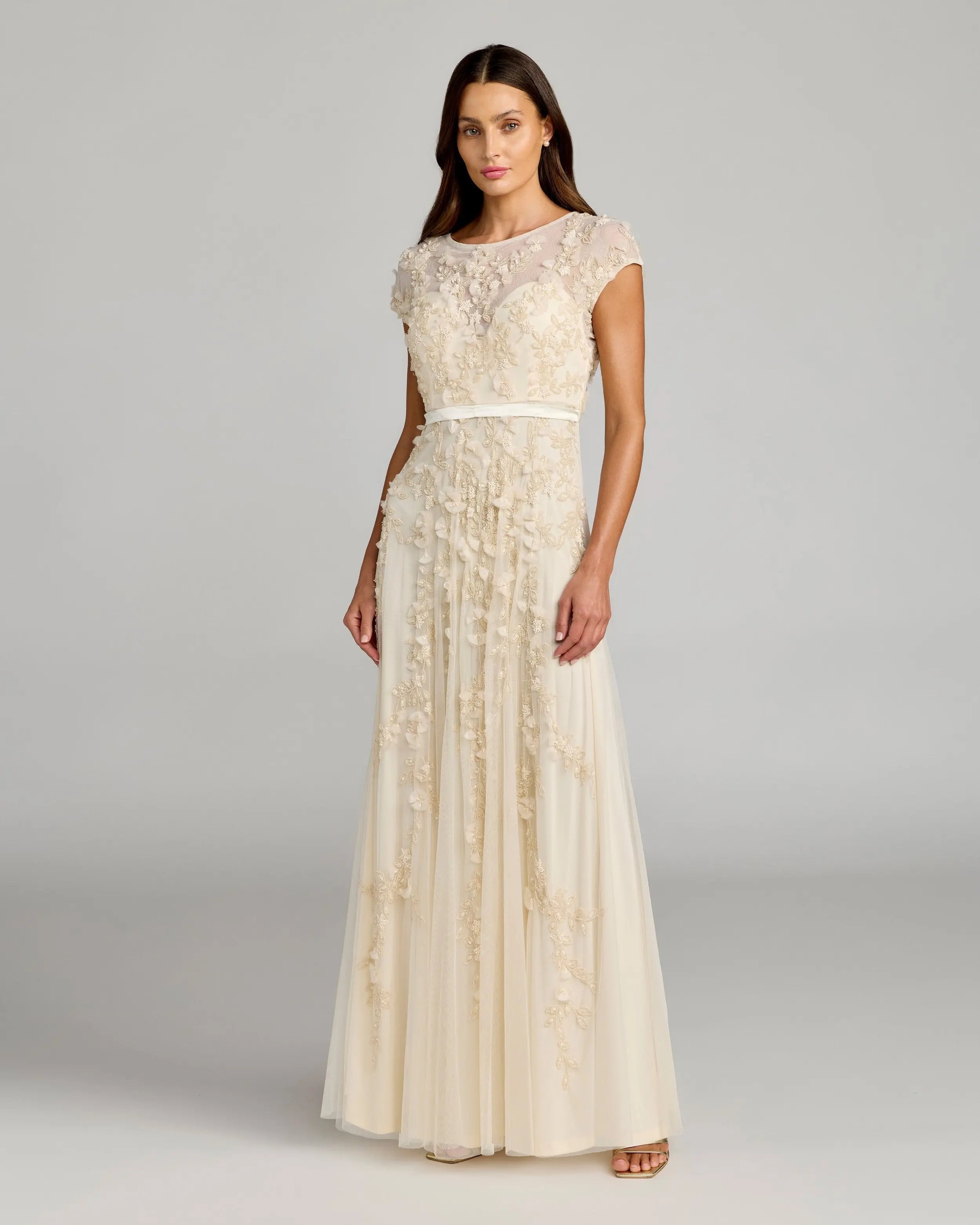 Image of Yellow Floral Embellished Cap Sleeve Gown