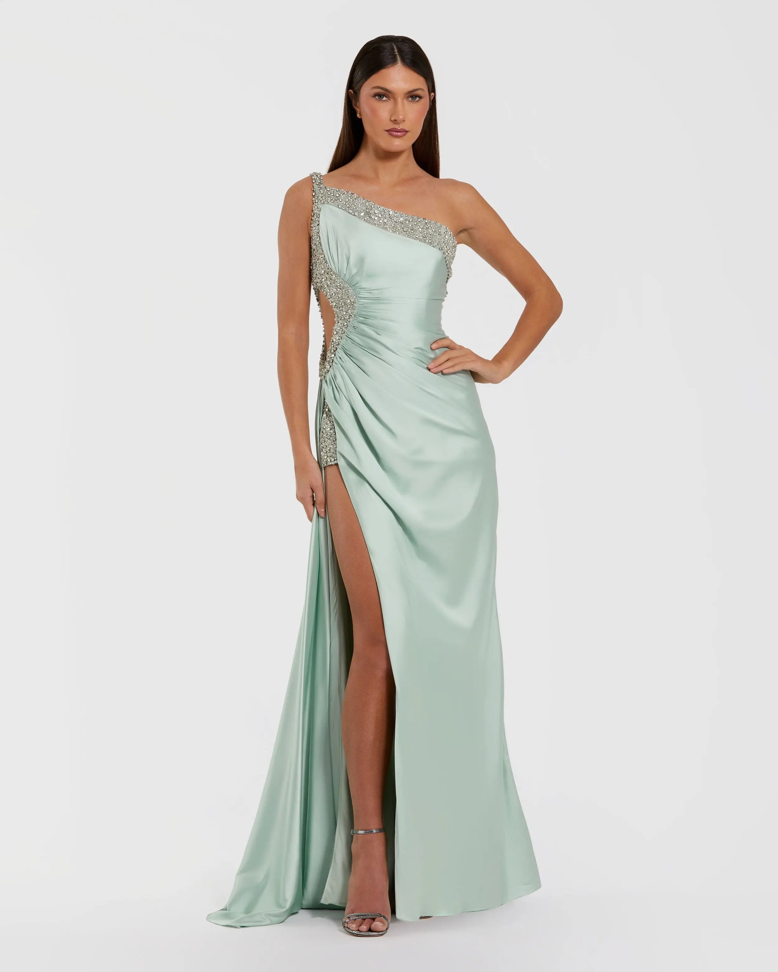 Image of Green One Shoulder Embellished Cut Out Slit Gown