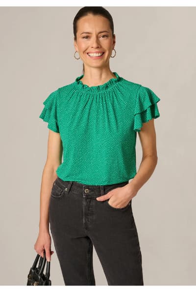 Double Flutter Sleeve Ruffle Neck Top In Vivid Green Broken Dot