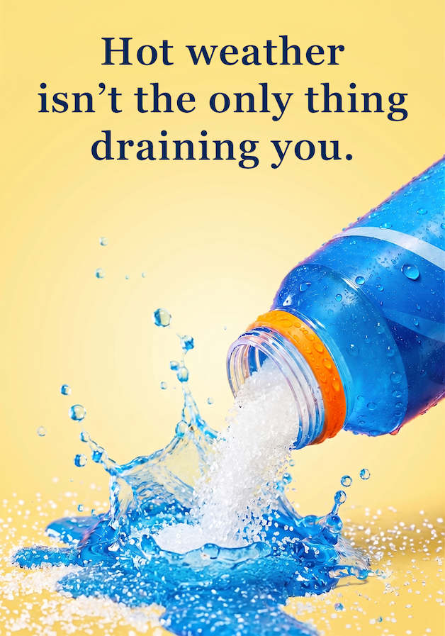 Electrolytes and sugar pouring from sports drink