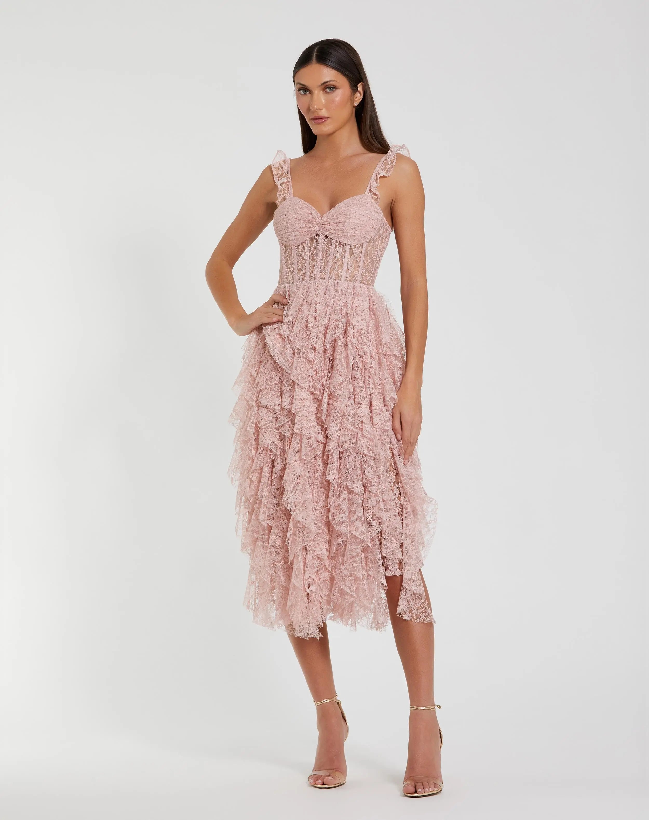 Image of Pink Lace Ruffle Tiered Midi Dress