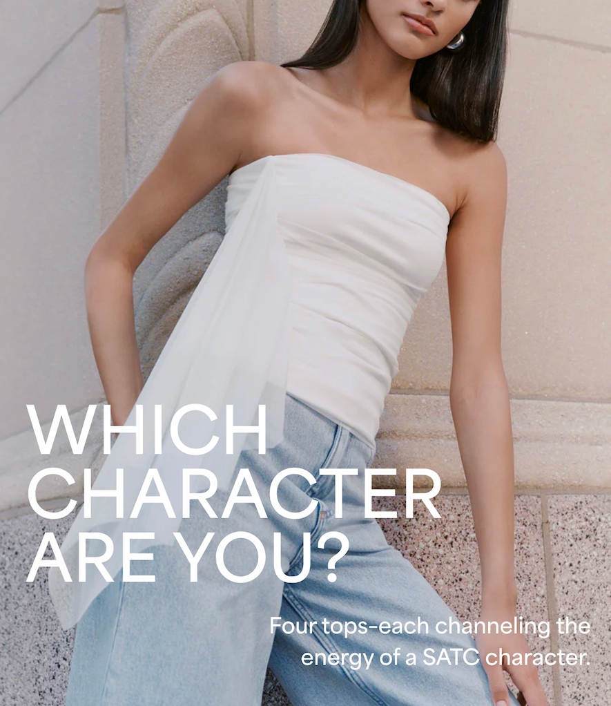 Sarah in The Drea Top with a draped sheer detail and light blue jeans is shown with the text “WHICH CHARACTER ARE YOU?”.