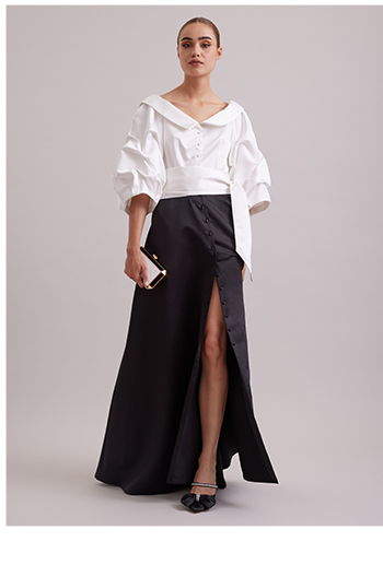 Long Black and White Satin Dress With Point Collar