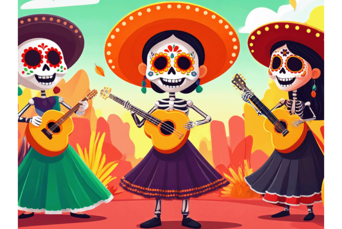 Cartoon of skeletons in traditional Day of the Dead dress.