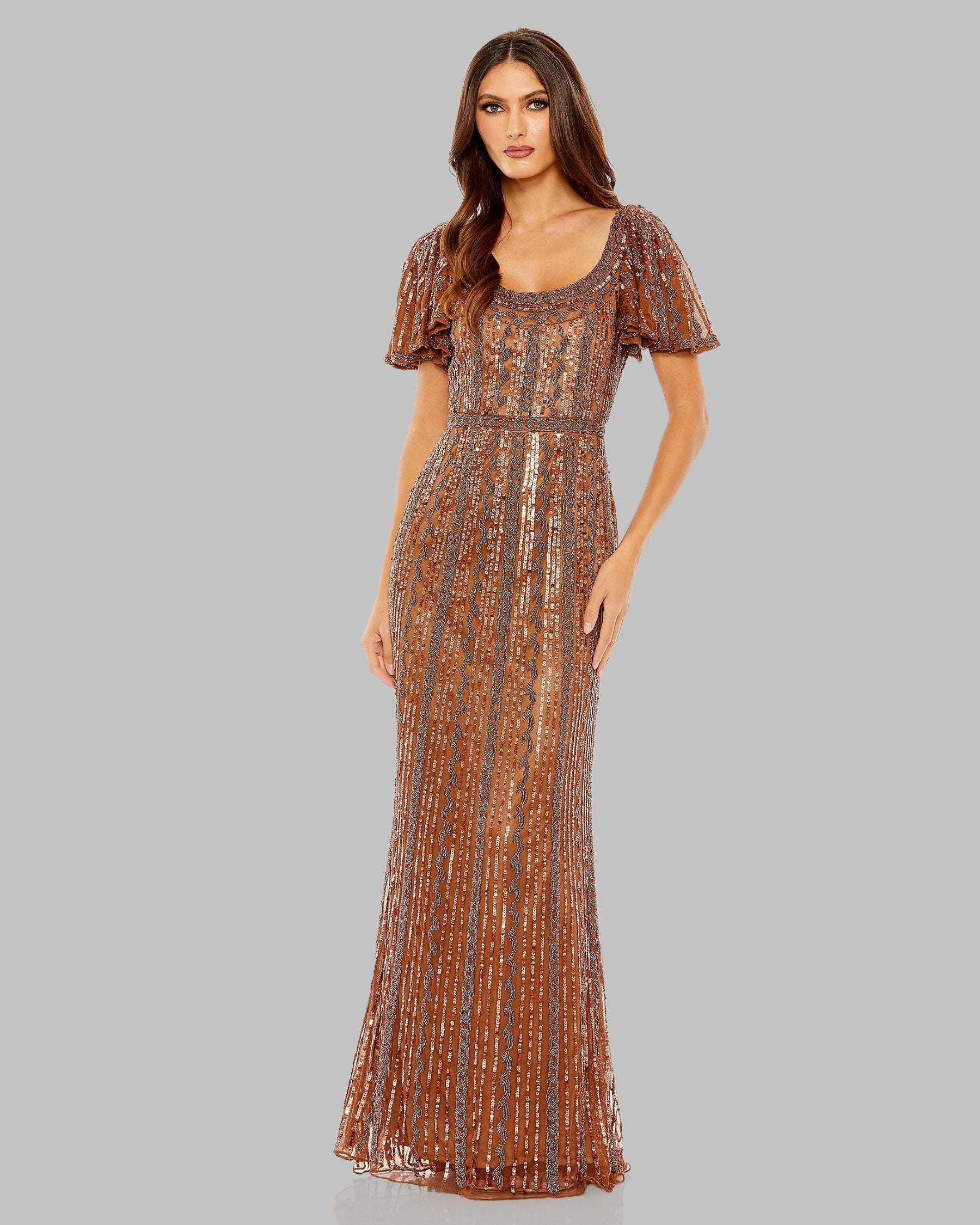 Image of Brown Beaded Flutter Sleeve Column Gown