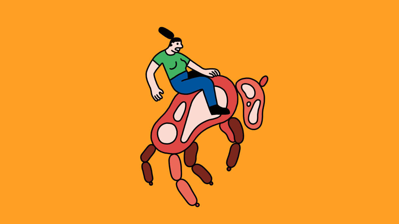 An illustration of a person with a frightened expression riding a bucking bronco made up of sausages and steaks.
