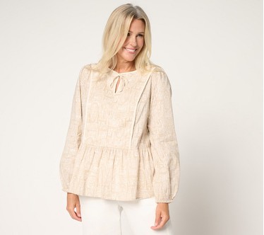 LOGO by Lori Goldstein 100% Cotton Printed Tie Neck Blouse