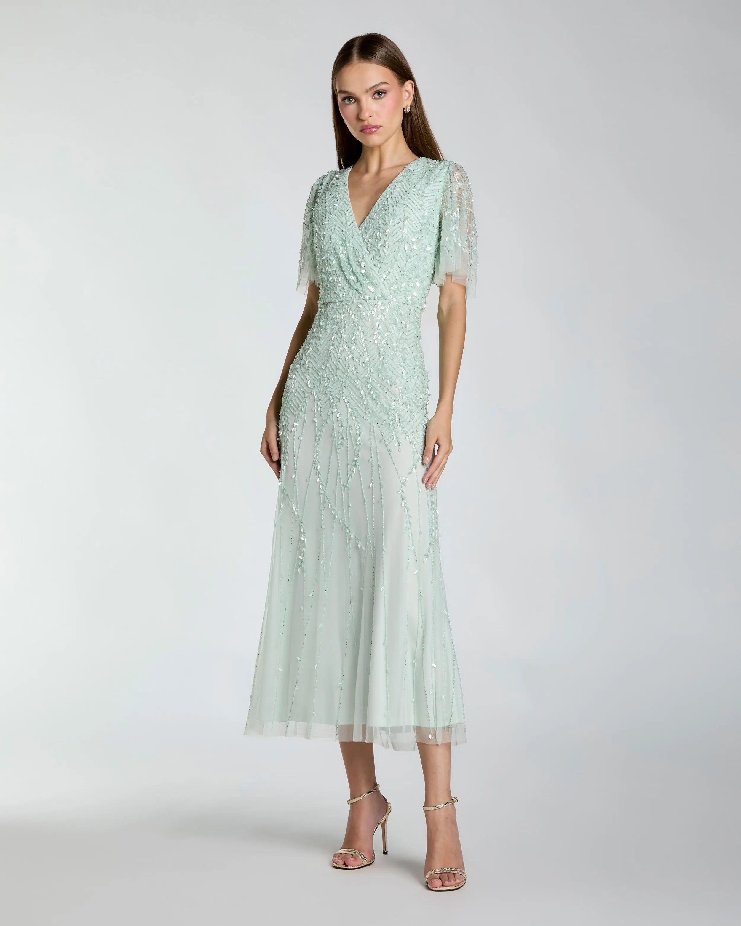 Image of Blue Beaded Wrap Over Butterfly Sleeve Dress