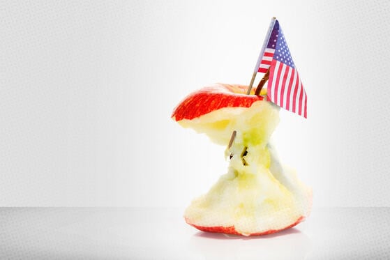 A photo illustration of an apple core with a small U.S. flag on a toothpick stabbed through it.
