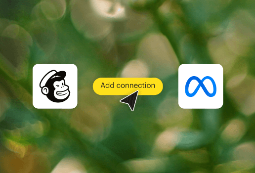 Over a blurred photo of green leaves in sunlight, an 'add connection' button floats in between a Mailchimp logo and a Meta logo.