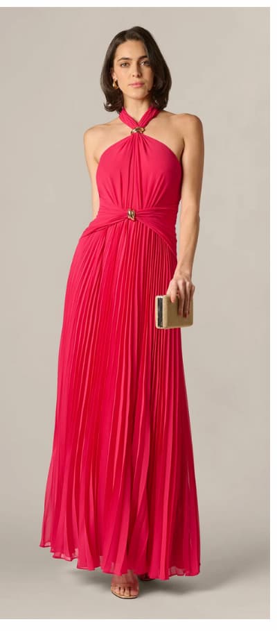 Pleated Chiffon Hardware Halter Gown In Pink Cherry