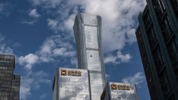 The Citic Tower, or China Zun, in Beijing showing damage in the upper centre after it was struck by a small aircraft