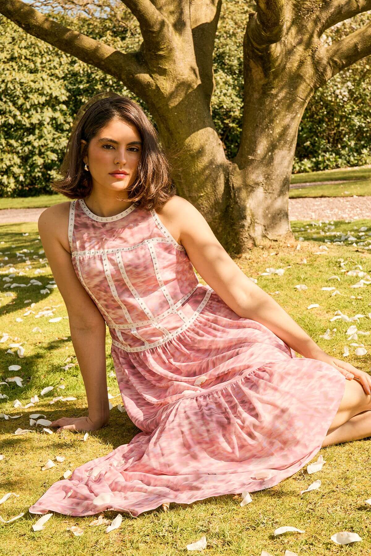 Printed Stud Embellished Trim Maxi Dress