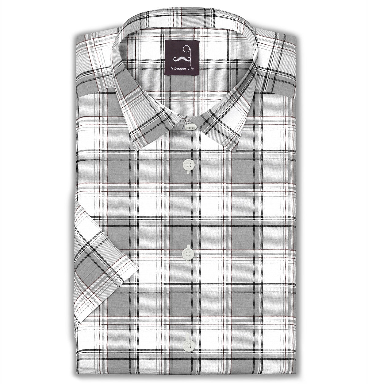Image of Pure Cotton - Semi-Spread Collar - Short Sleeve - Glacier Check