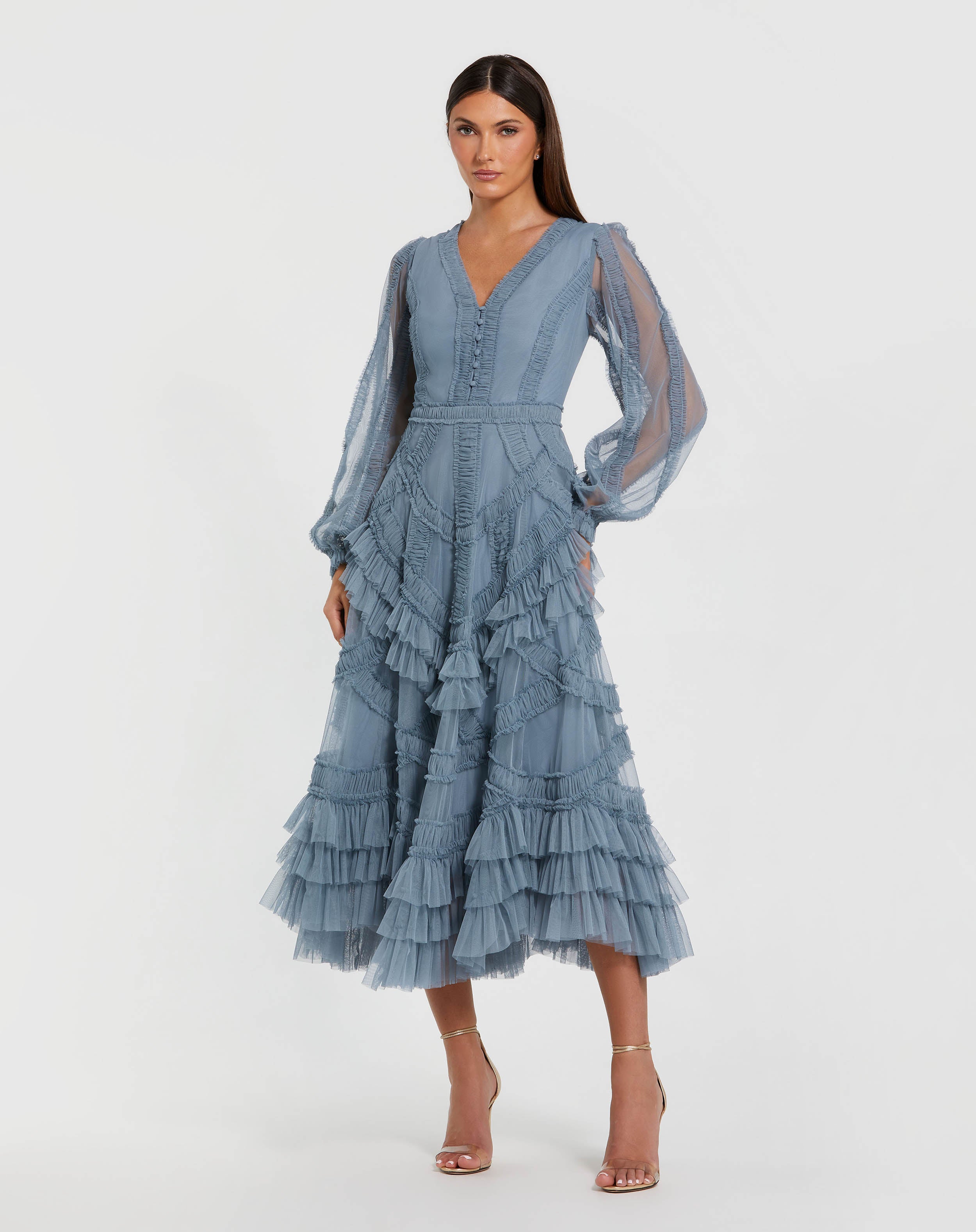 Image of Petite Blue Long Sleeve V-Neck Micro Ruffle Midi Dress