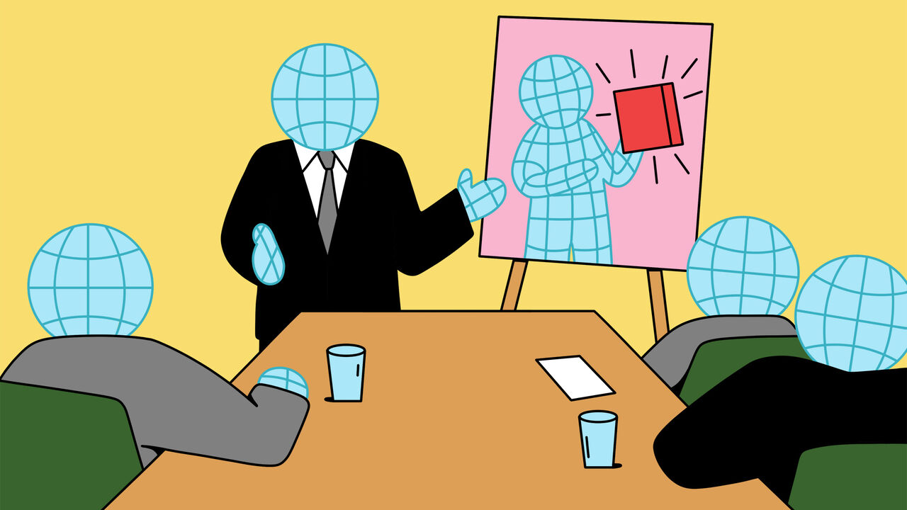 Several AI-like figures with globe-shaped heads sit around a conference table, watching a presentation. One figure, standing in a suit, pitches an advert featuring another AI figure holding a red object.