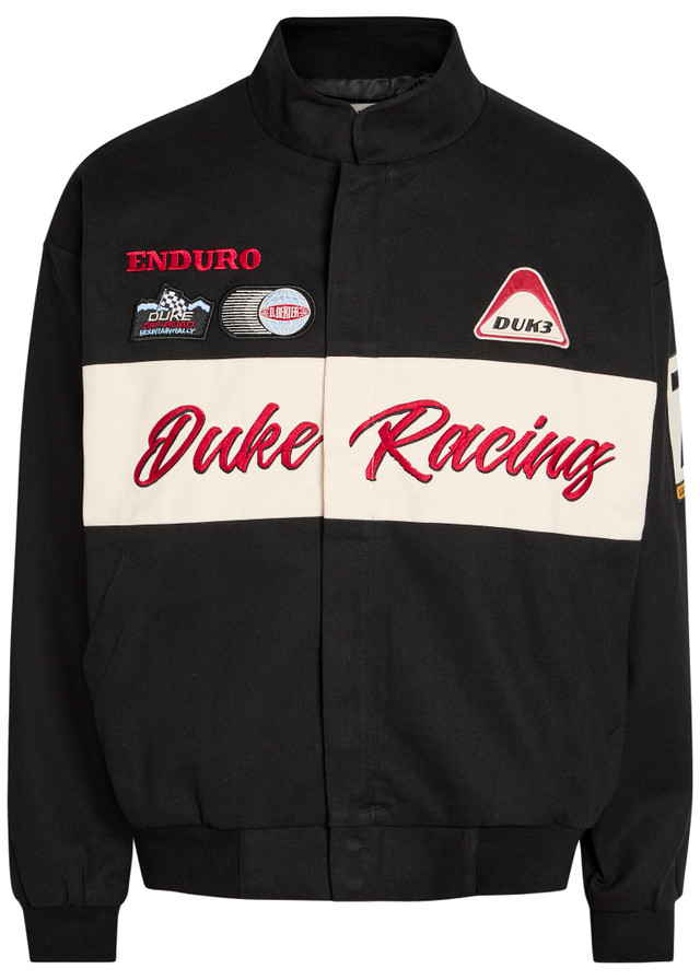 DUKE AND DEXTER Racing patchwork appliqués cotton varsity jacket