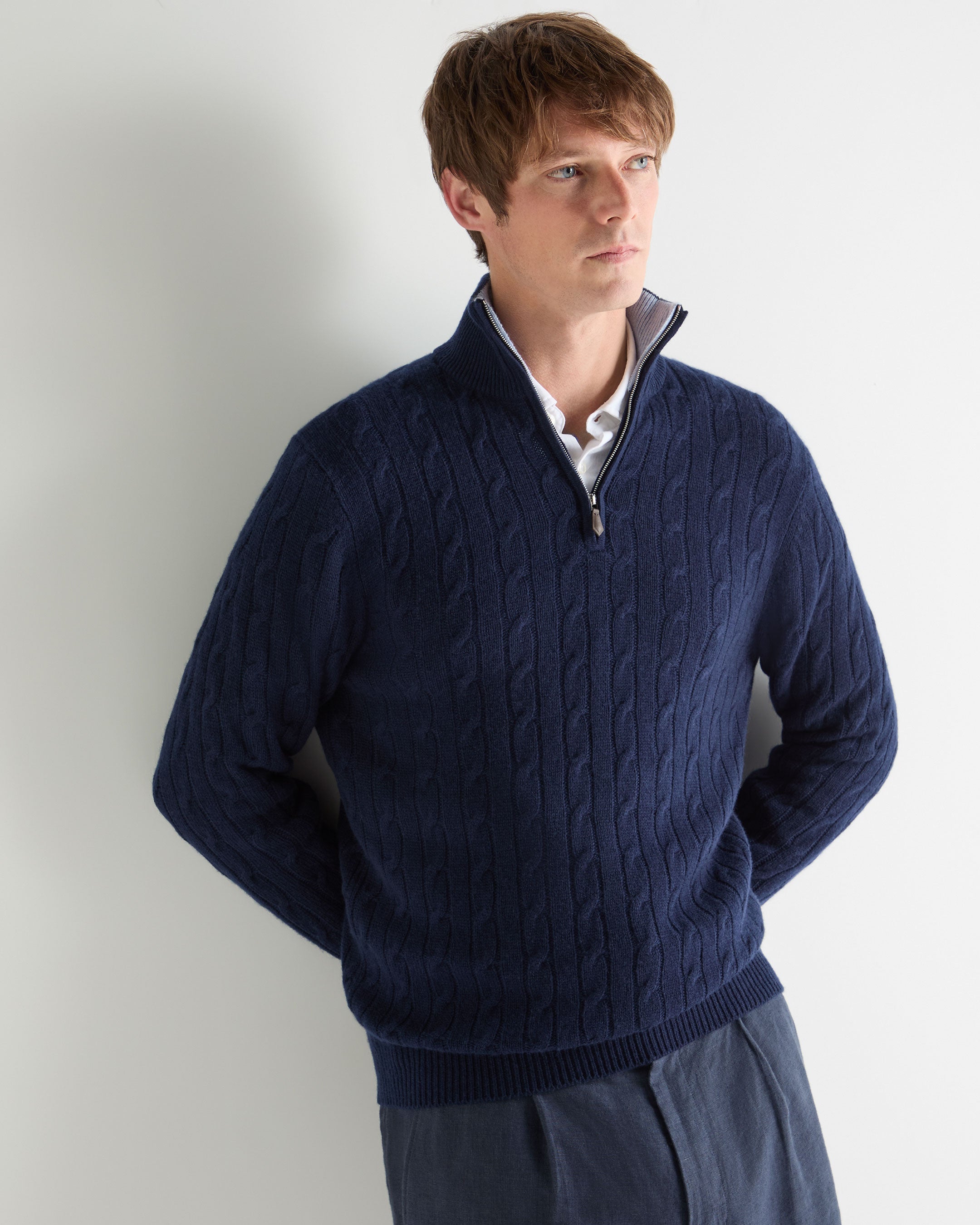 Image of Men's Albemarle Cable Half Zip Cashmere Sweater Deep French Blue