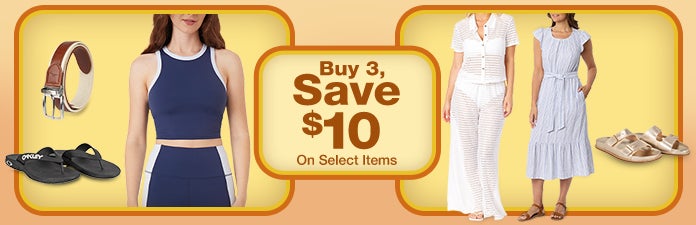 Buy 3 and save $10 on select apparel items
