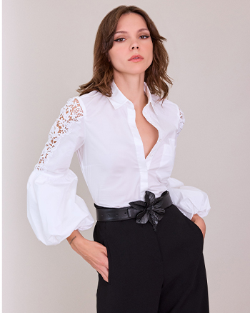 White Balloon Sleeve Shirt With Intricate Floral Embroidery