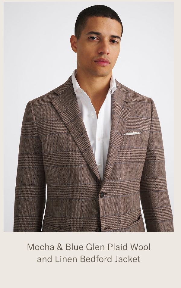 Mocha & Blue Glen Plaid Wool and LInen Bedford Jacket