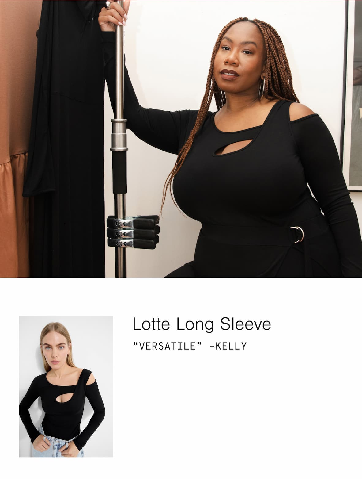 Kelly Augustine poses in The Lotte Long Sleeve beside a clothing rack.
