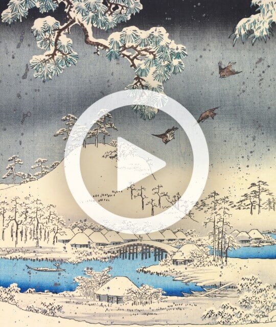 Woodblock print of a snowy mountain scene.