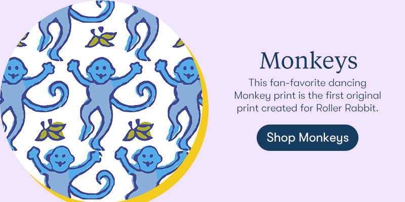 This fan-favorite dancing Monkey print is the first original print created for Roller Rabbit.