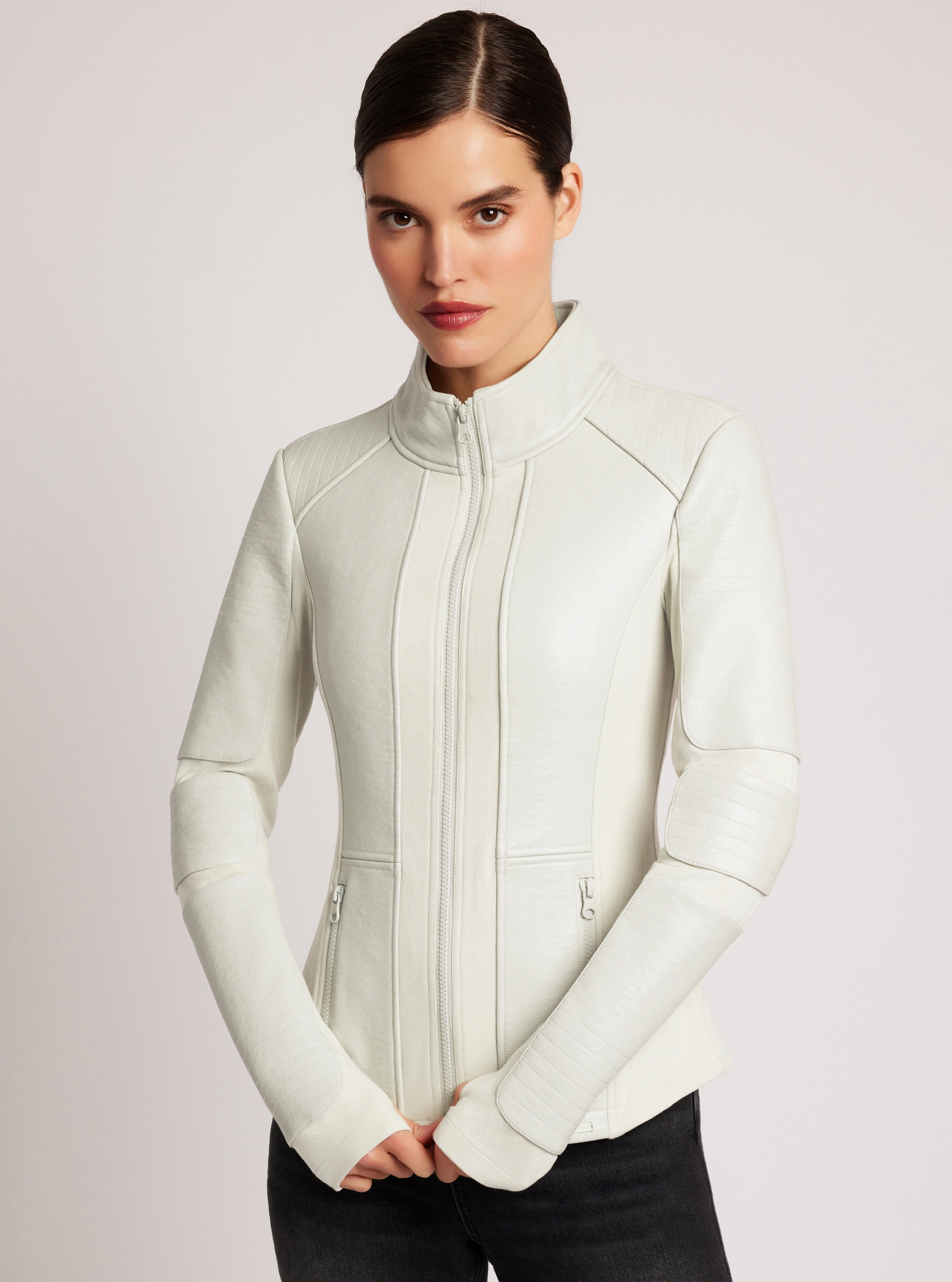 Image of Zip Front Moto Jacket Vegan Leather / Bonded French Terry White Alyssum