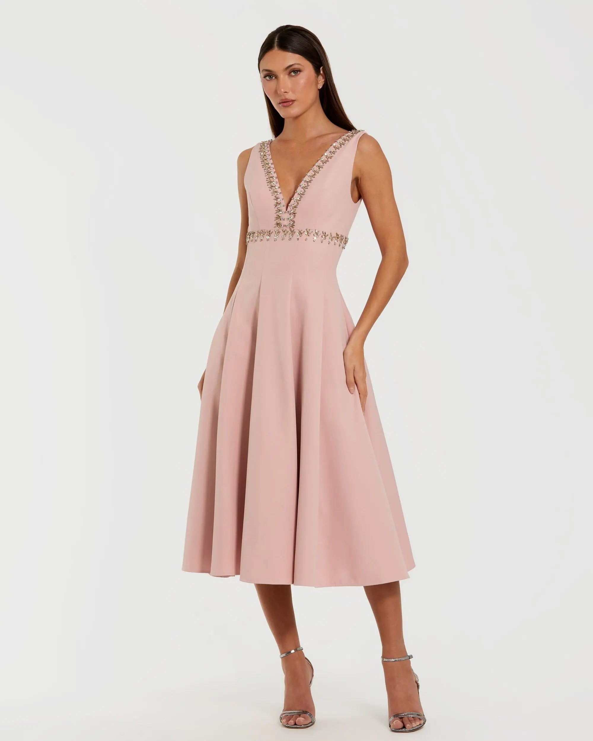 Image of Pink Rhinestone Embellished Crepe A Line Midi Dress