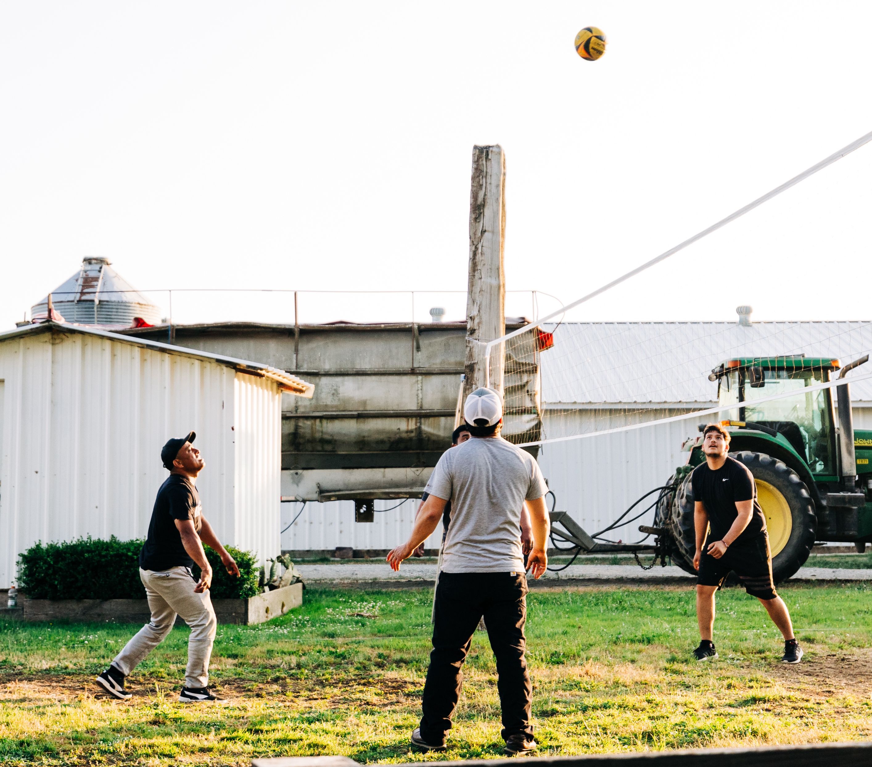 Egg ranch team playing volleyball