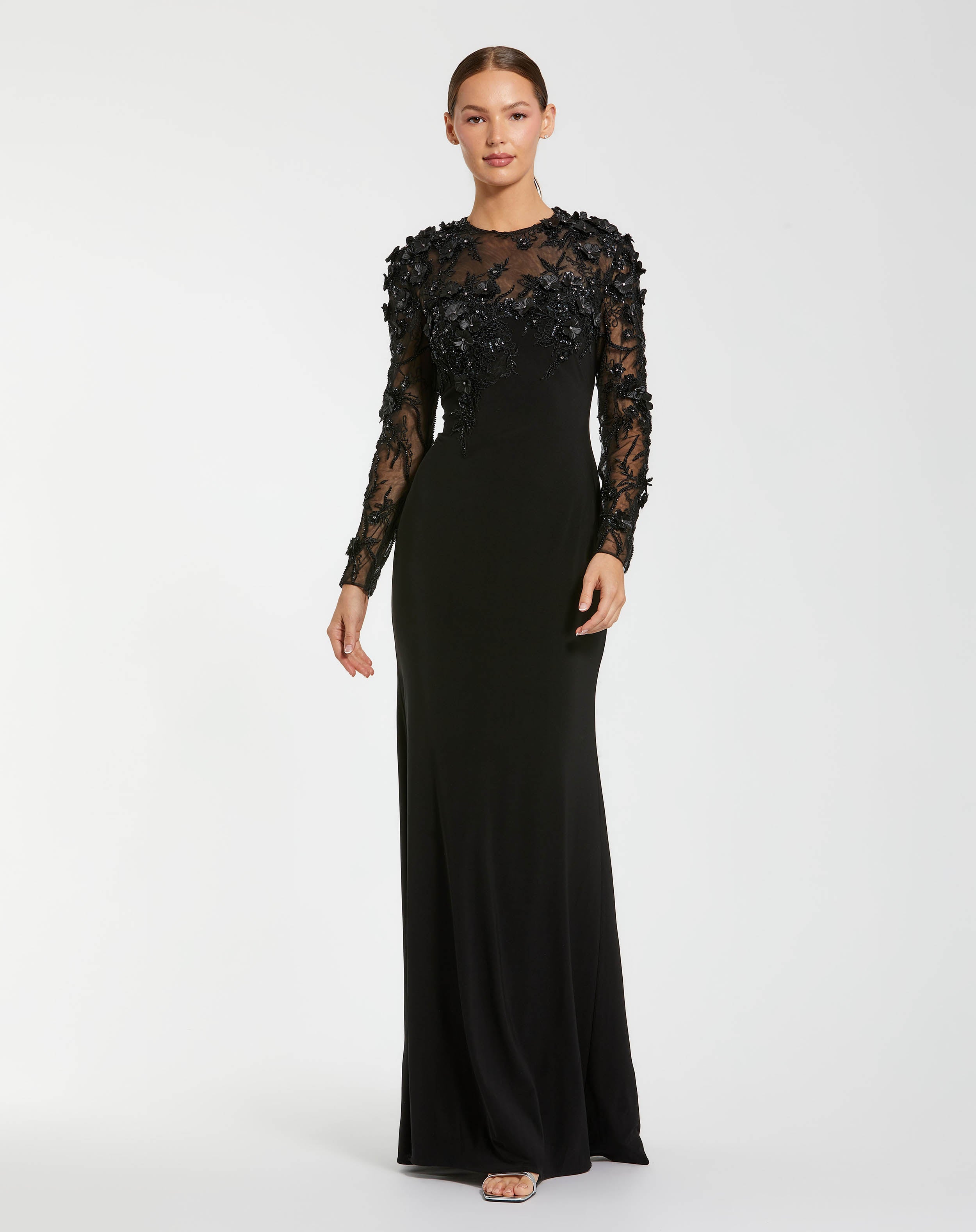 Image of Petite Black Long Sleeve Floral Embellished Column Gown